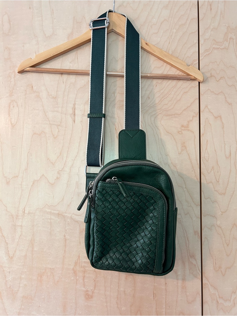 Anthropologie Dark Green Woven Leather Crossbody Sling Bag